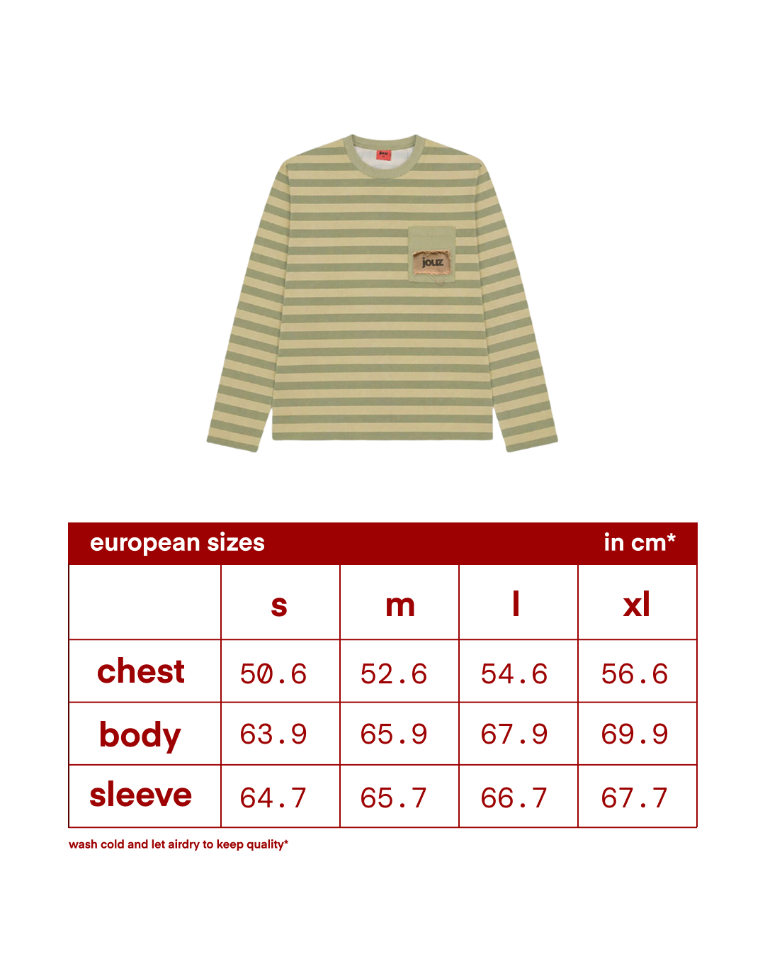Size chart for the Jouz Studio 